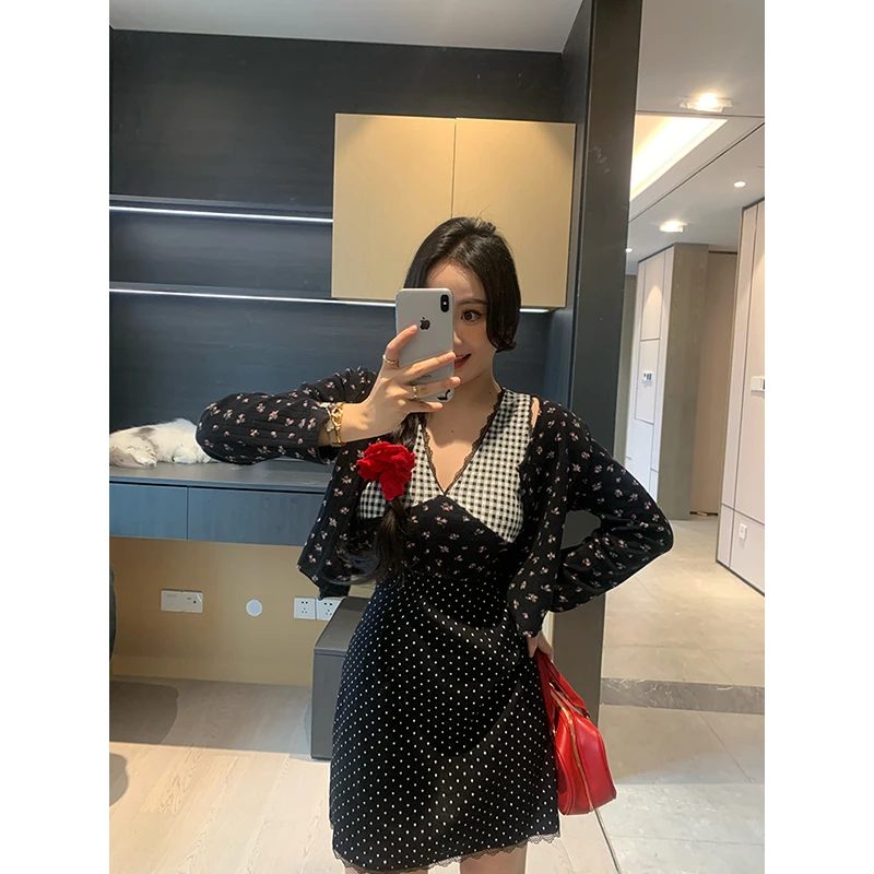 XINYI【出片达人】春季波点连衣裙+开衫显瘦气质两件套X625Q00882