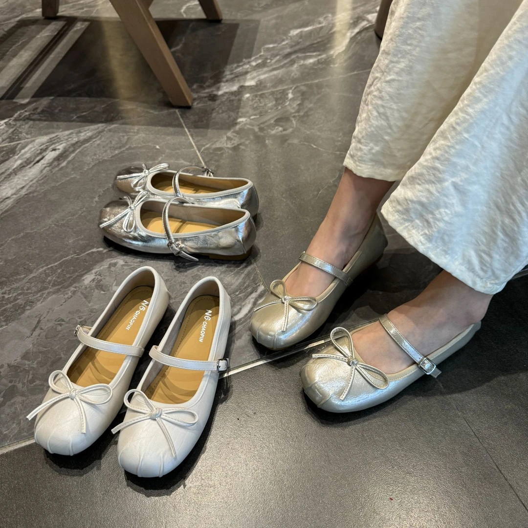 蝴蝶结平底芭蕾舞单鞋女夏2025新款软底超舒服一字带浅口玛丽珍鞋