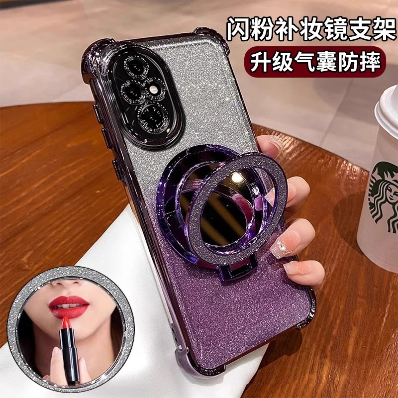 闪粉补妆镜支架适用荣耀300手机壳电镀透明防摔网红女款ins风高档