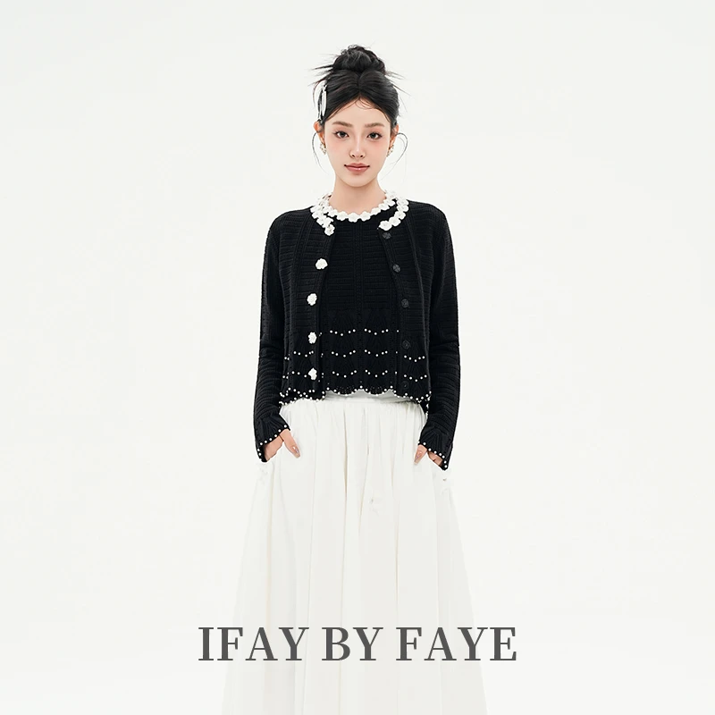 IFAY BY FAYE小花钉珠镂空针织开衫/小花钉珠镂空无袖针织上衣