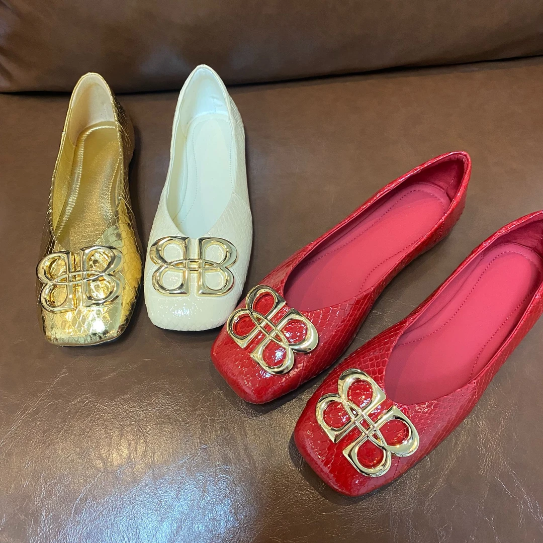 【Alex轻奢】蛇纹牛皮B字扣方头单鞋优雅浅口红色百搭舒适女鞋6588