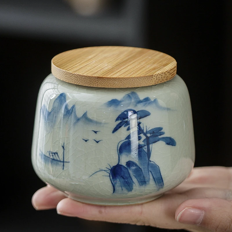 手绘山水小号便携茶叶罐哥窑陶瓷密封罐茶罐储存罐空罐防潮家用