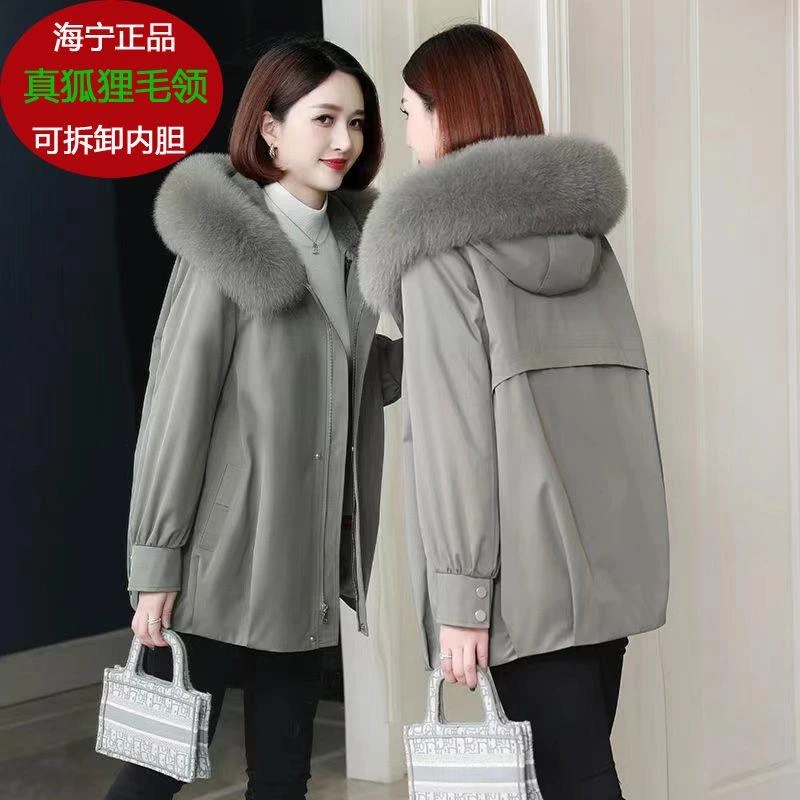 海宁皮草真狐狸毛领派克服中长款可拆卸内胆冬季外套海宁加厚