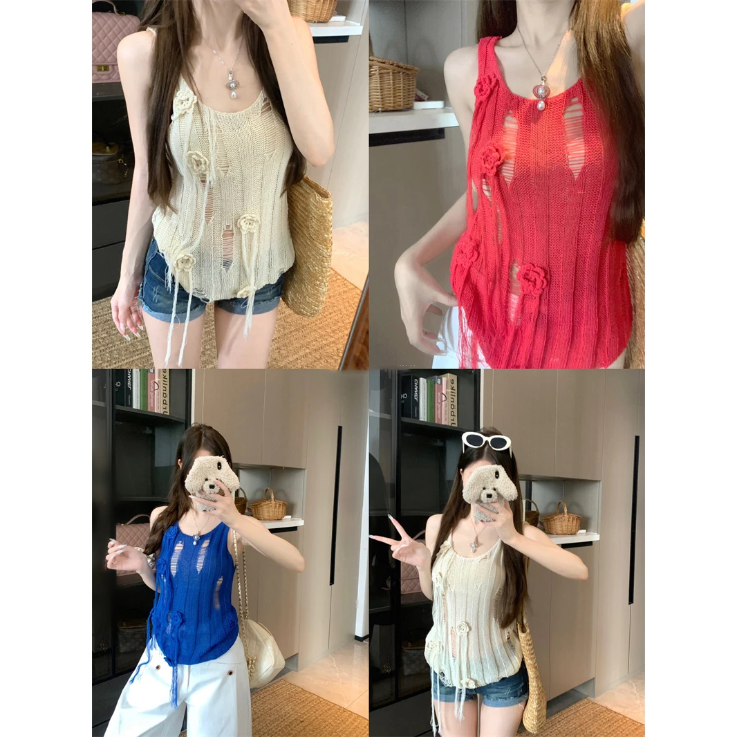 桑普多巴胺设计感不规则镂空手工花朵吊带背心女辣妹上衣夏季新款