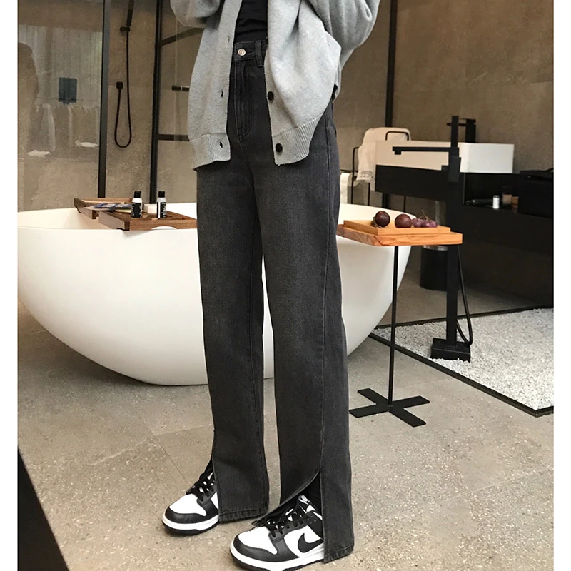 王少女【清清】黑灰色开叉牛仔裤春高腰阔腿休闲裤 H1140S13