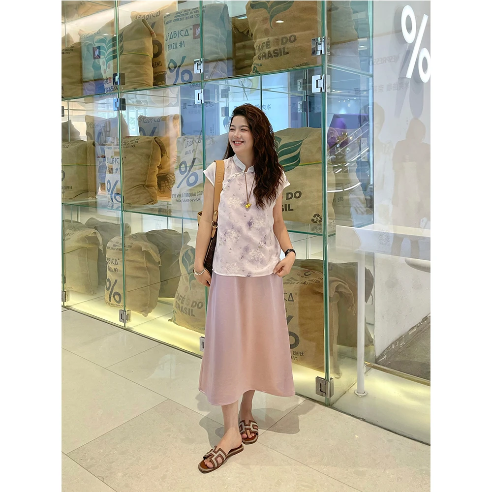 WenWen小个子新中式国风旗袍上衣盘扣+吊带连衣裙两件套套装4030