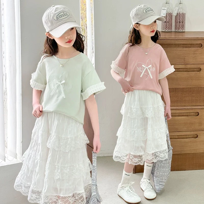 女童半身裙大童春装新款洋气蕾丝裙女孩半身裙蛋糕裙中长款公主裙