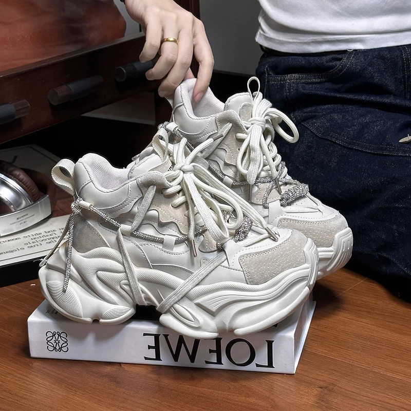 真皮水钻绑带松糕厚底老爹鞋女2025秋季新款小个子增高休闲运动鞋