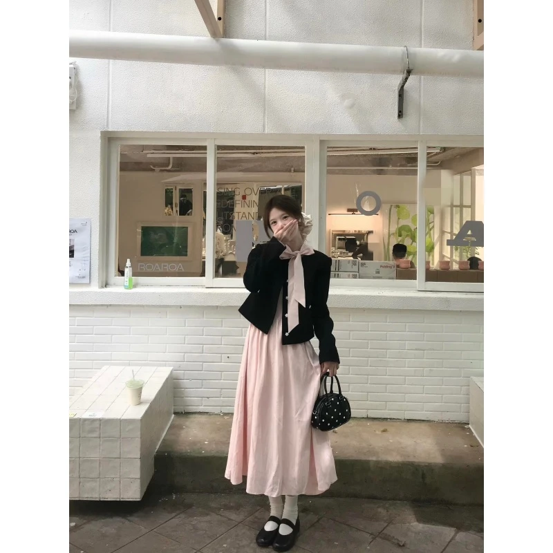 MARIE.COCO法式千金风秋季新款长袖西装外套粉色小众蝴蝶结连衣裙