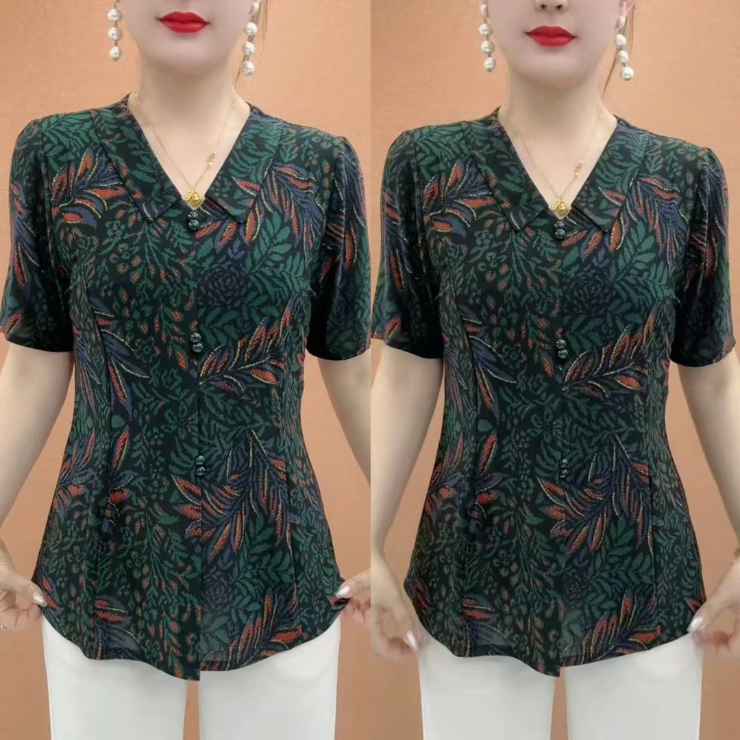 2025夏季新款娃娃领洋气显瘦百搭上衣气质遮肚印花中老年