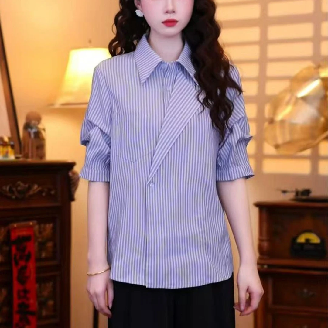 新款港风复古短袖衬衫上衣女2025夏季时尚气质条纹POLO领显瘦小衫