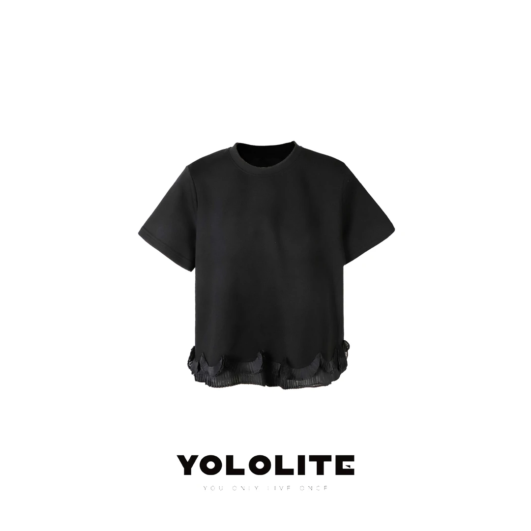 YOLOLITE【花边黑T】2750设计感拼接百褶荷叶边下摆短袖T圆领上衣
