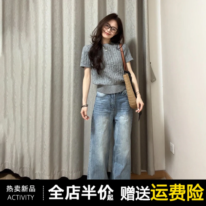 2025新款灰色正肩短袖t恤女夏季独特漂亮小衫慵懒风短款针织上衣
