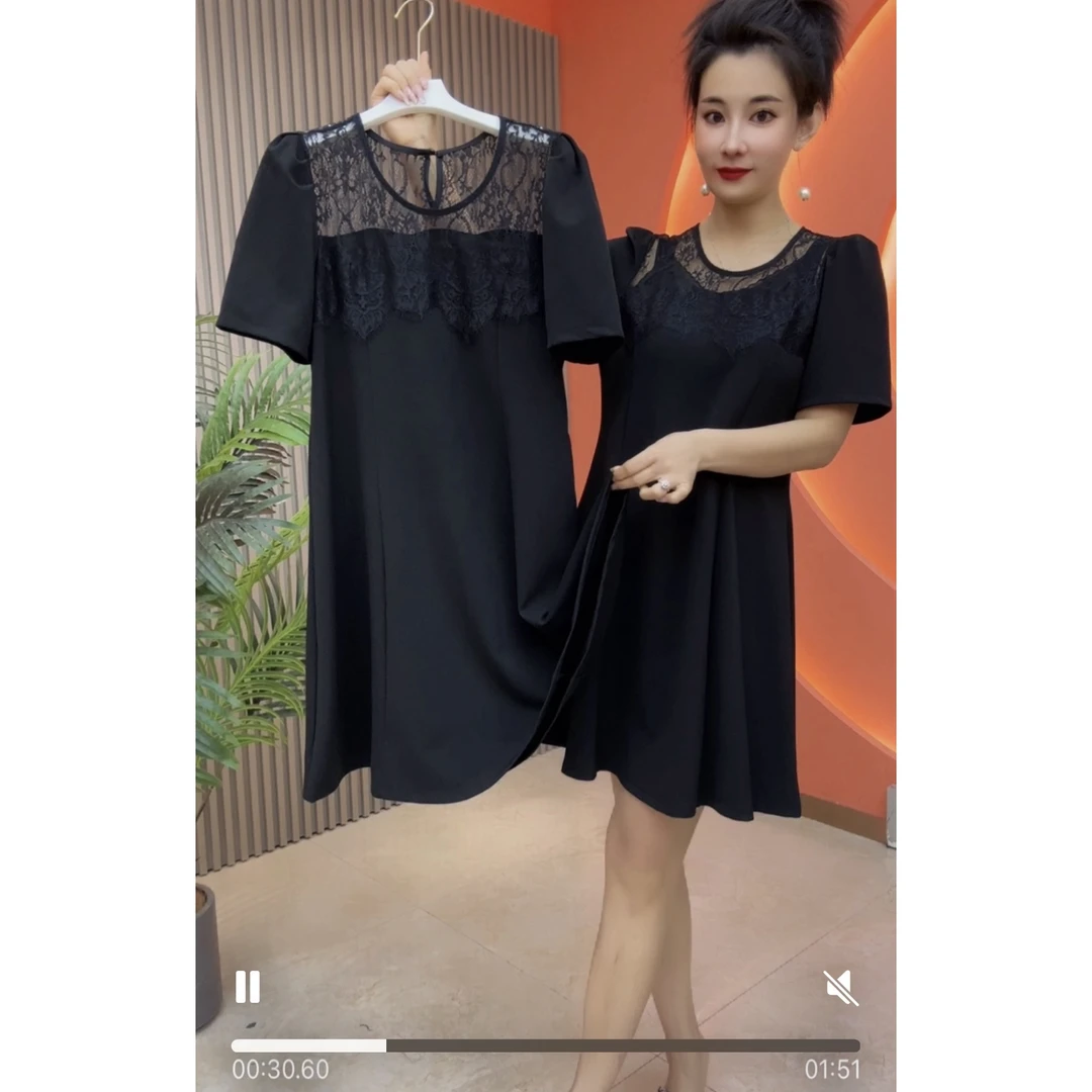 6605自留女士夏季短袖蕾丝拼接显瘦百搭大摆连衣裙
