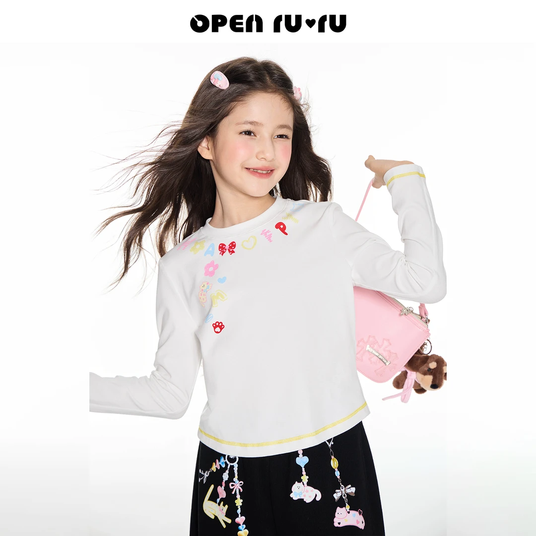 Opennunu女童项链印花长袖T恤秋季中大童设计感休闲百搭短款上衣