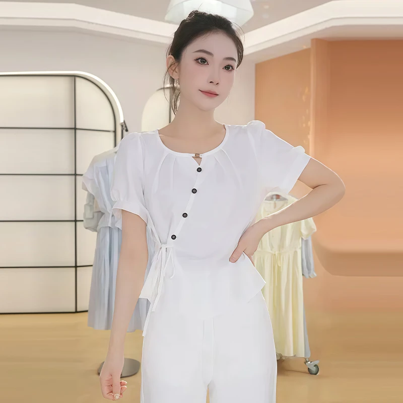 小个子法式时尚衬衫女2025夏季新款系带时尚减龄洋气遮肚显瘦上衣