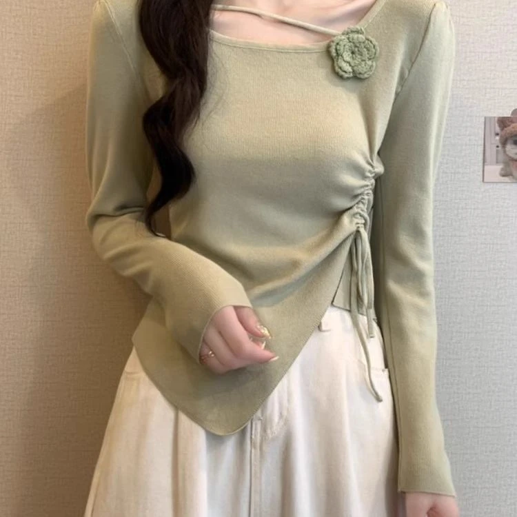 立体花朵长袖毛针织衫女春秋冬新款抽绳收腰显瘦不规则短款小上衣