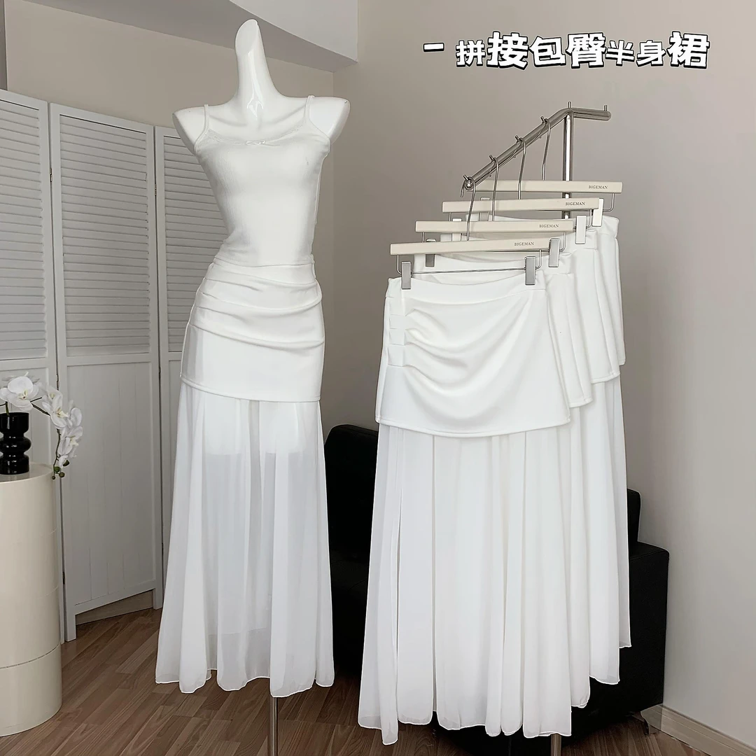 超火的佩里月光设计感小众拼接高腰包臀裙长款半身裙