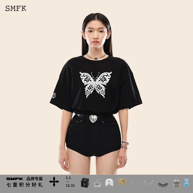 SMFK十字凤尾蝶阔身Tee CT004BBF 黑色圆领T恤印花百搭