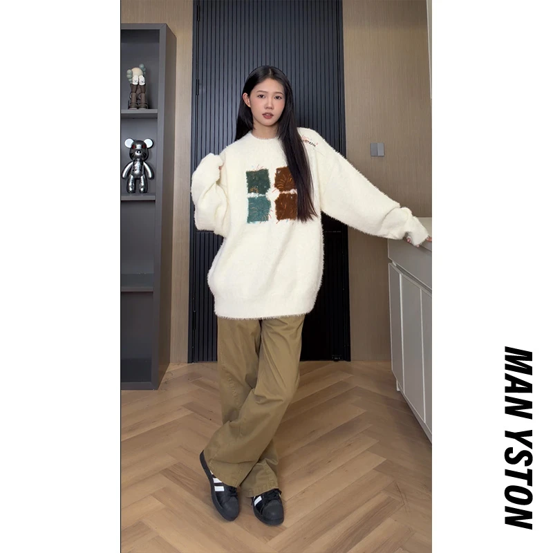 美式高街刺绣套头毛衣百搭春秋季情侣宽松休闲保暖时尚圆领针织衫