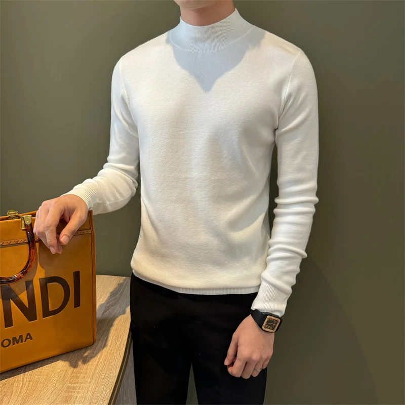 纯色内搭舒适针织衫套头保暖中高领精细打底毛衣男秋冬半高领修身