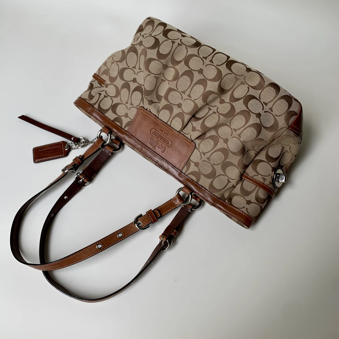 95新 COACH/蔻驰 vintage棕色复古经典老花帆布美拉德单肩托特包