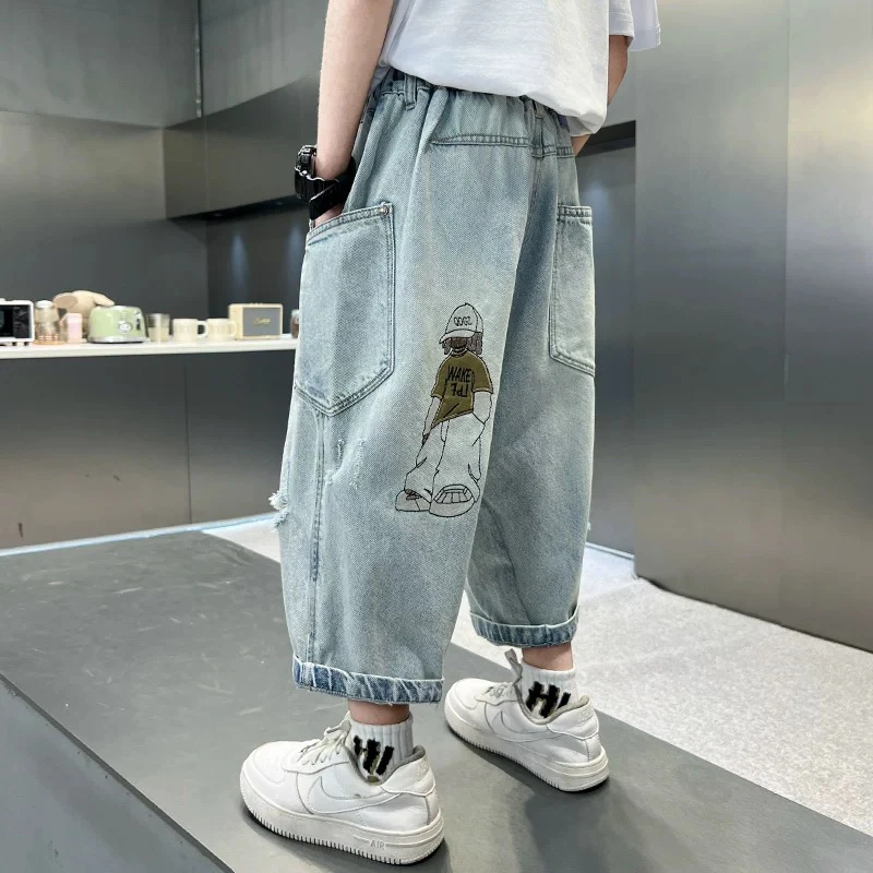 男童夏季七分牛仔裤薄款2025新款中大童夏装男孩破洞儿童中裤裤子