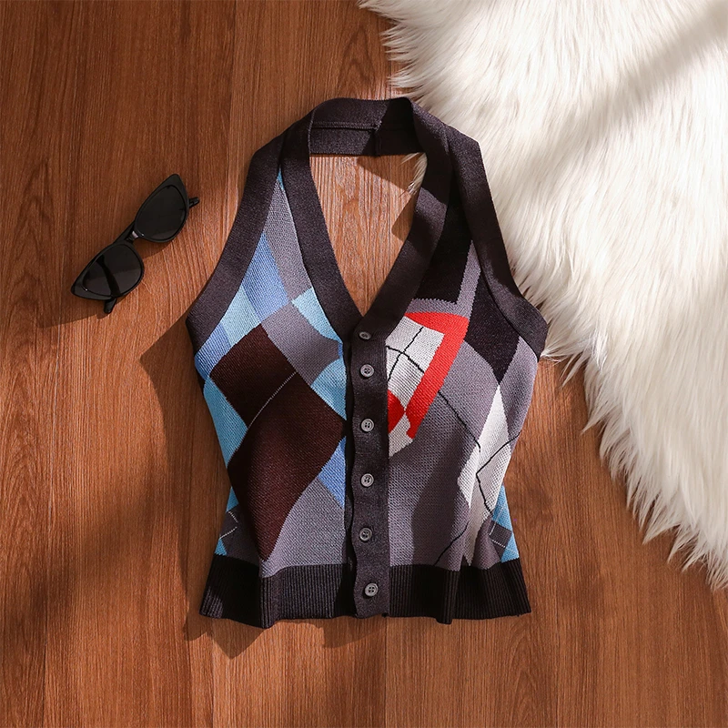 辣妹复古针织挂脖吊带背心女夏外穿V领性感修身显瘦短款无袖上衣