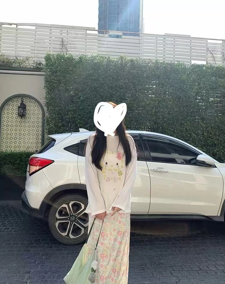 韩系温柔甜美粉色印花长袖T恤女春季慵懒设计感宽松百搭减龄上衣