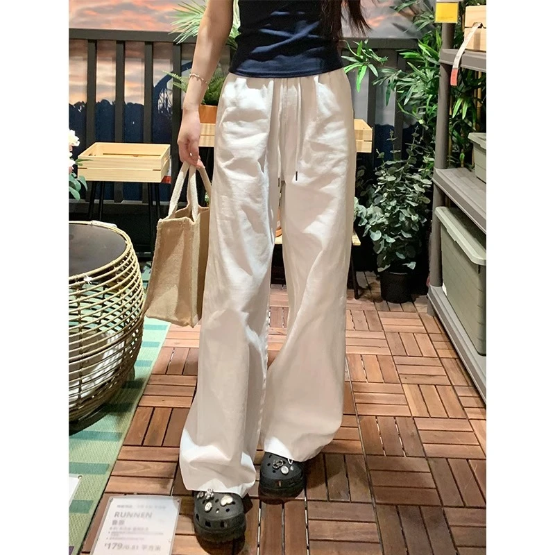 白色阔腿裤女夏季2025新款高腰显瘦宽松bf慵懒风牛仔棉麻直筒裤子