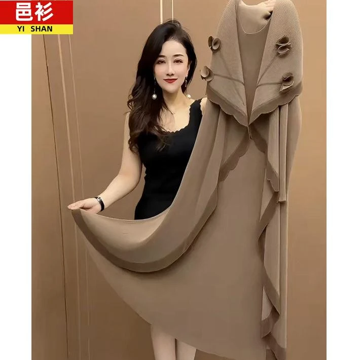 新款妈妈装春夏装高档长款过膝连衣裙中老年女洋气褶皱假两件裙子