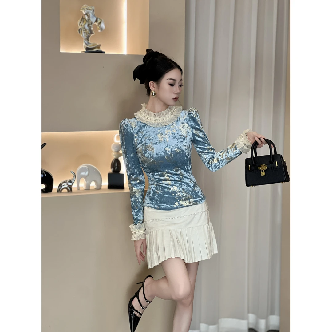 设计师新款衬衫上衣显瘦长袖蓝色高腰性感修身设计感91435