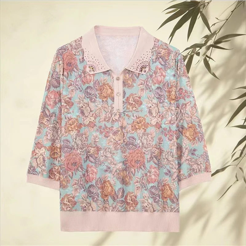 【牡丹齐放】新品洋气冰丝上衣翻领烫钻中老年女装七分袖T恤小衫