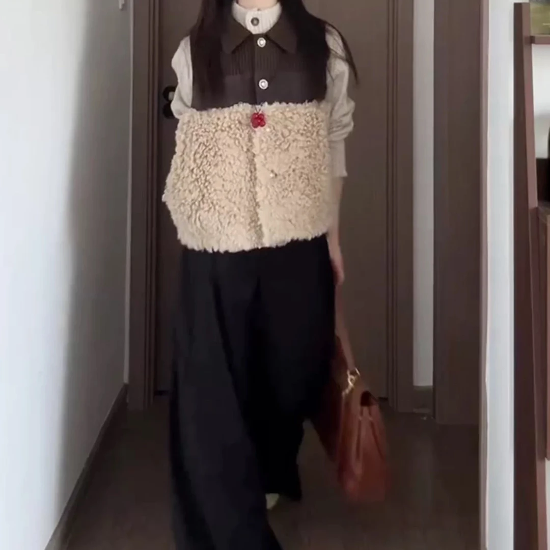 秋冬女士时尚复古格纹拼接针织毛衣马甲背心搭配休闲长裤699722