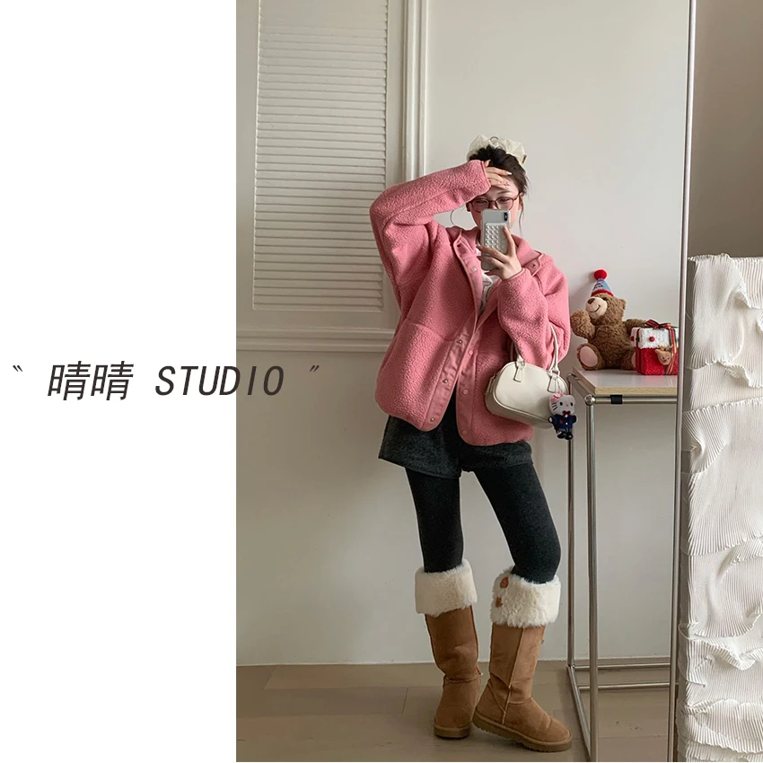 晴晴家-「璎珞半夏」25年冬韩系简约休闲舒适双面羊羔毛外套3468