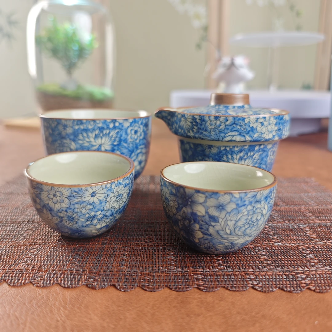 A131汝窑青花万花筒户外茶具便携套装一壶三杯快客杯陶瓷泡茶壶杯