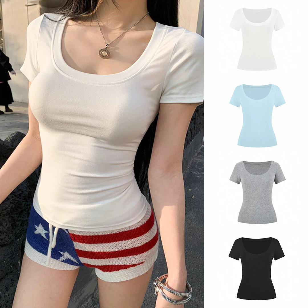 纯欲U领正肩白色t恤夏季新款收腰显瘦辣妹美式短袖低领上衣