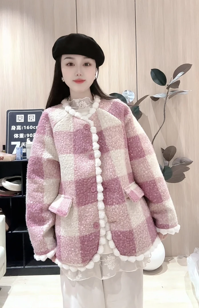 【粉色海洋】七月推荐 设计师款加绒小香风显瘦格子外套