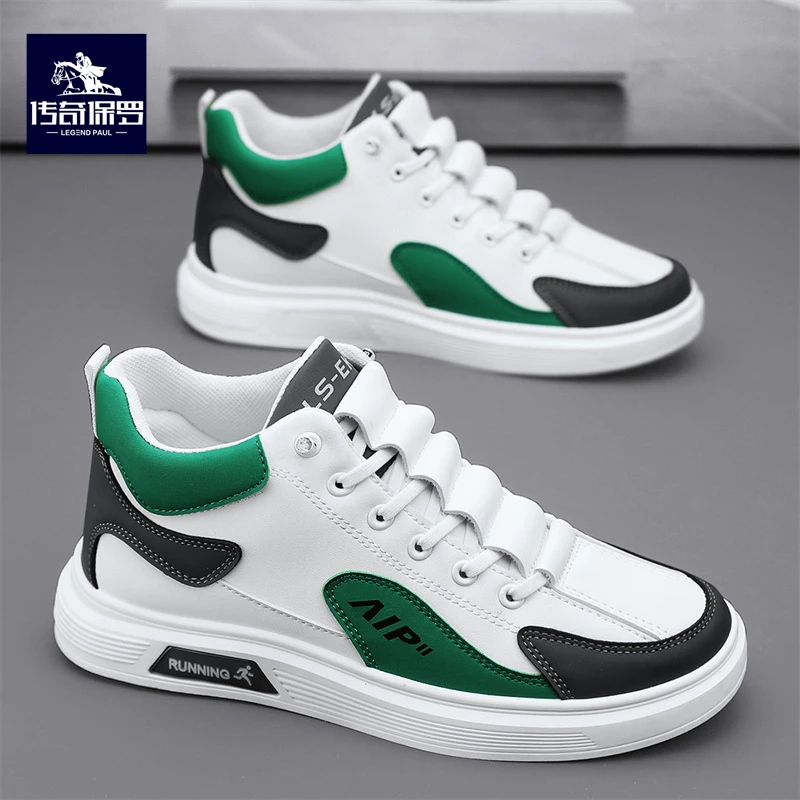 传奇保罗男鞋秋季新款高帮皮面板鞋百搭平底增高运动男士一脚蹬鞋