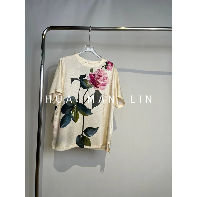 【花满林】圆领粉色玫瑰花真丝桑蚕丝短袖上衣253452