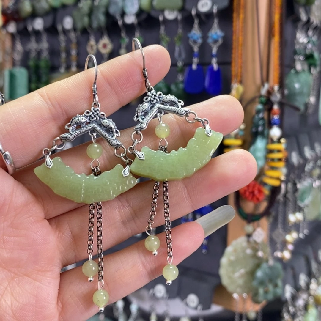 和田玉耳饰银S925镶嵌四*百X10