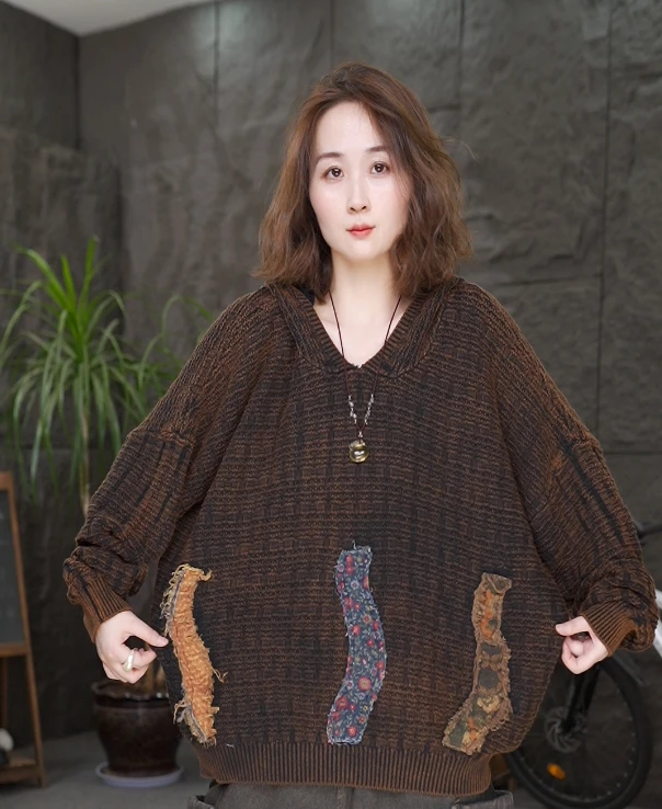 【贴布针织衫】毛衣女2025秋冬季慵懒风宽松休闲遮肚显瘦套头上衣女