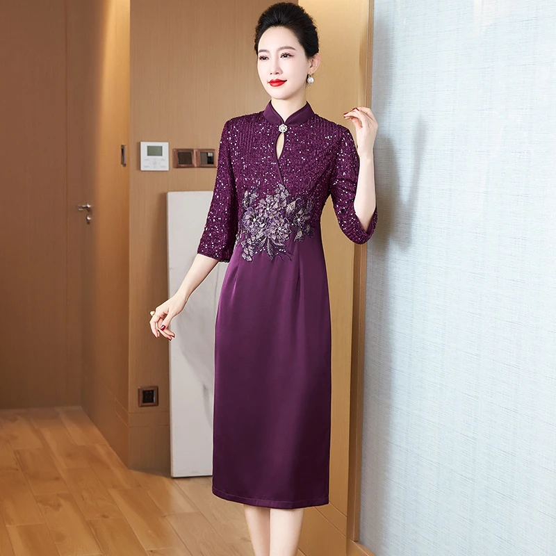 高端喜婆婆洋气新款婚宴修身礼服女装连衣裙中老年妈妈婚礼服中式