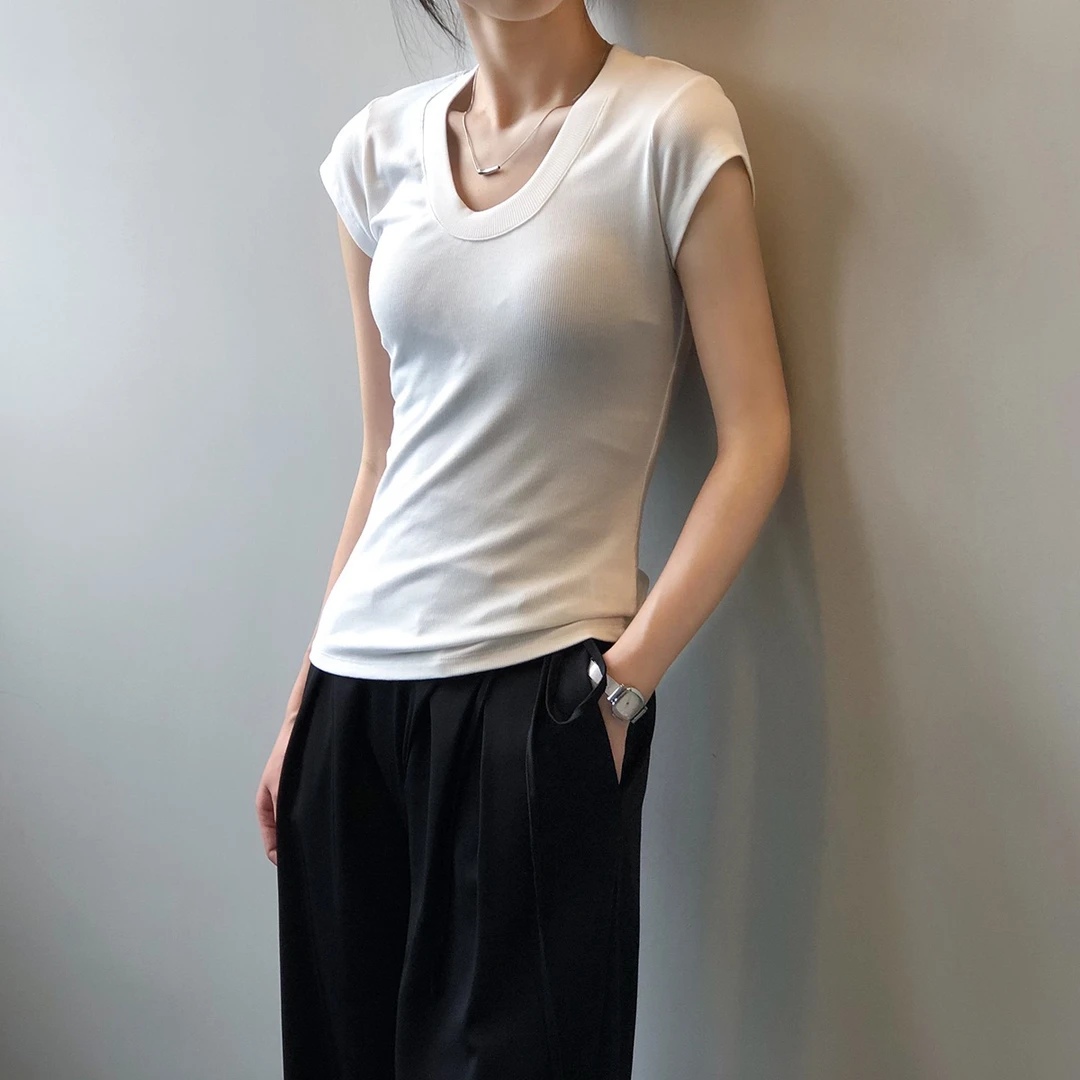 2025夏季纯色T恤紧身U型领修身针织显瘦简约百搭螺纹舒适透气