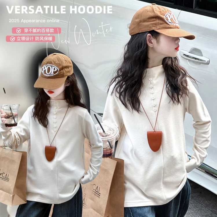 百搭内搭加绒宽松加厚春秋防风保暖2025女童打底立领上衣半高领