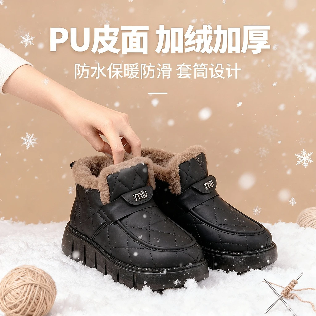 冬季雪地靴一脚蹬防水皮面雪地靴女棉鞋加绒加厚保暖防滑妈妈鞋
