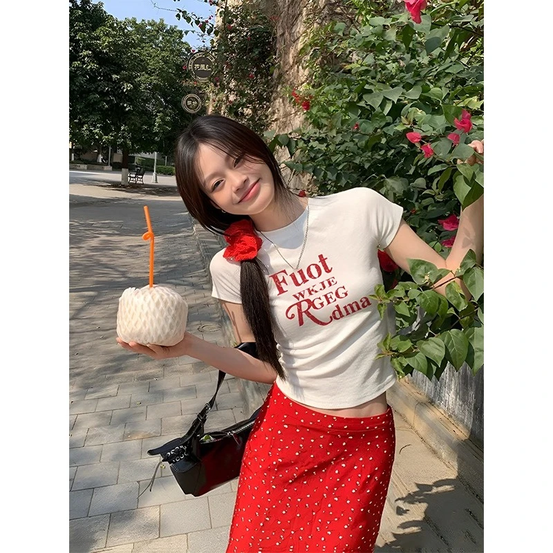 SUMBUR美式印花辣妹圆领短袖T恤女夏季修身显瘦欧若风休闲ins风