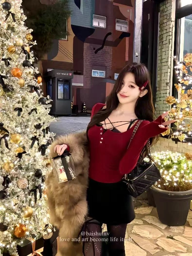 秋冬季红色交叉绑带长袖T恤女秋冬性感收腰修身显瘦气质上衣