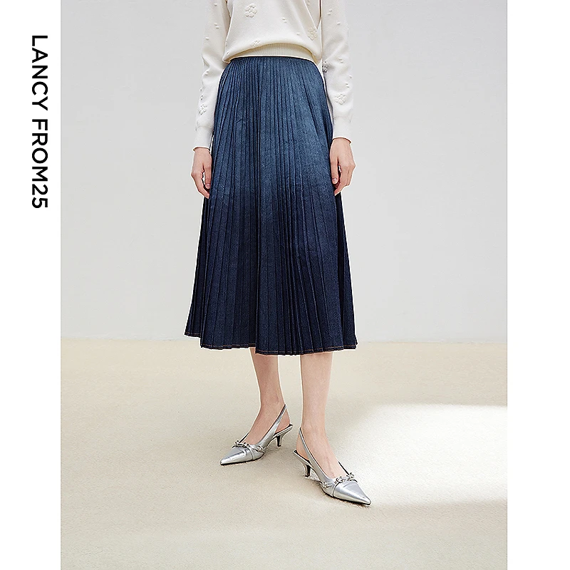 朗姿2025年春季新款高级感气质法式渐变高腰a字百褶半身裙欧若风