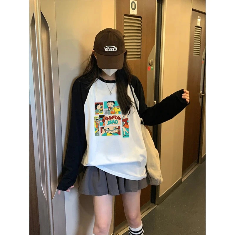 胖mm300斤春秋纯棉长袖t恤女装插肩袖秋冬薄款撞色大码打底衫上衣